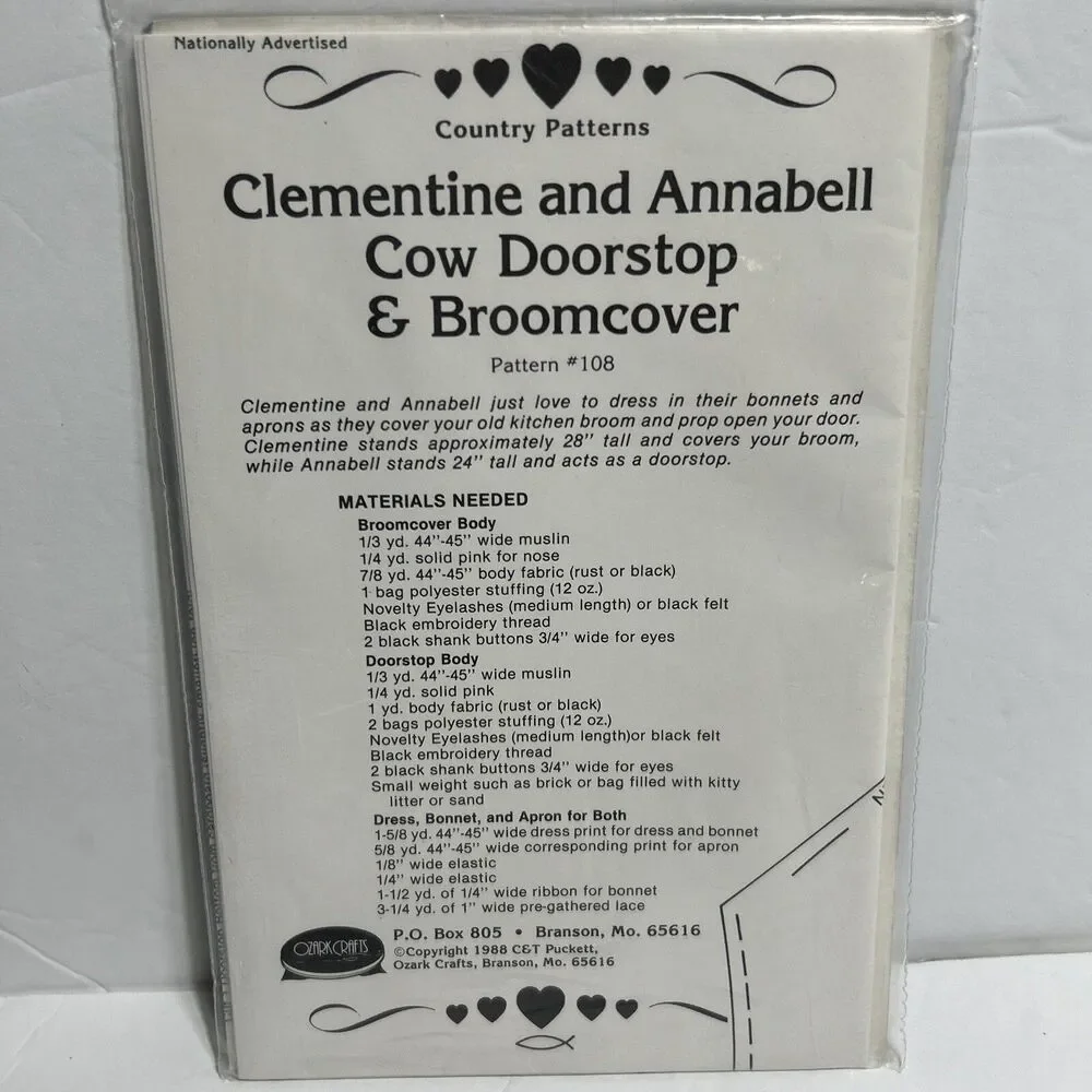 Clementine & Annabell Cow Doorstop Broomcover NEW Vintage Sewing Pattern 1988